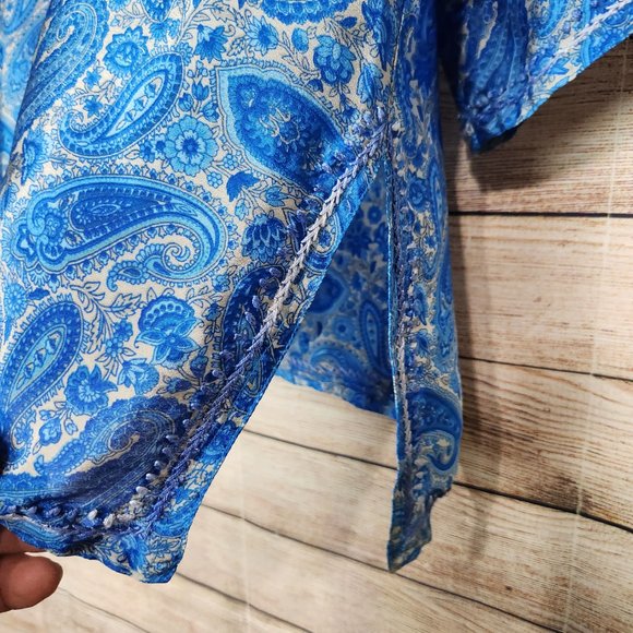 Jest Jewels Women's Size Large Blue Floral Embroidered Quarter Button Silk Blend - Picture 6 of 13